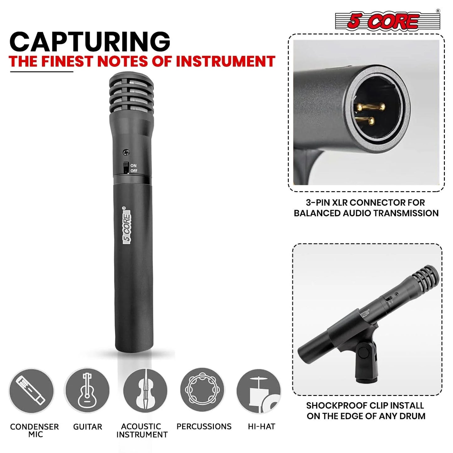 5Core Instrument Microphone Professional XLR Cardioid Pencil Stick Condenser Mic Black