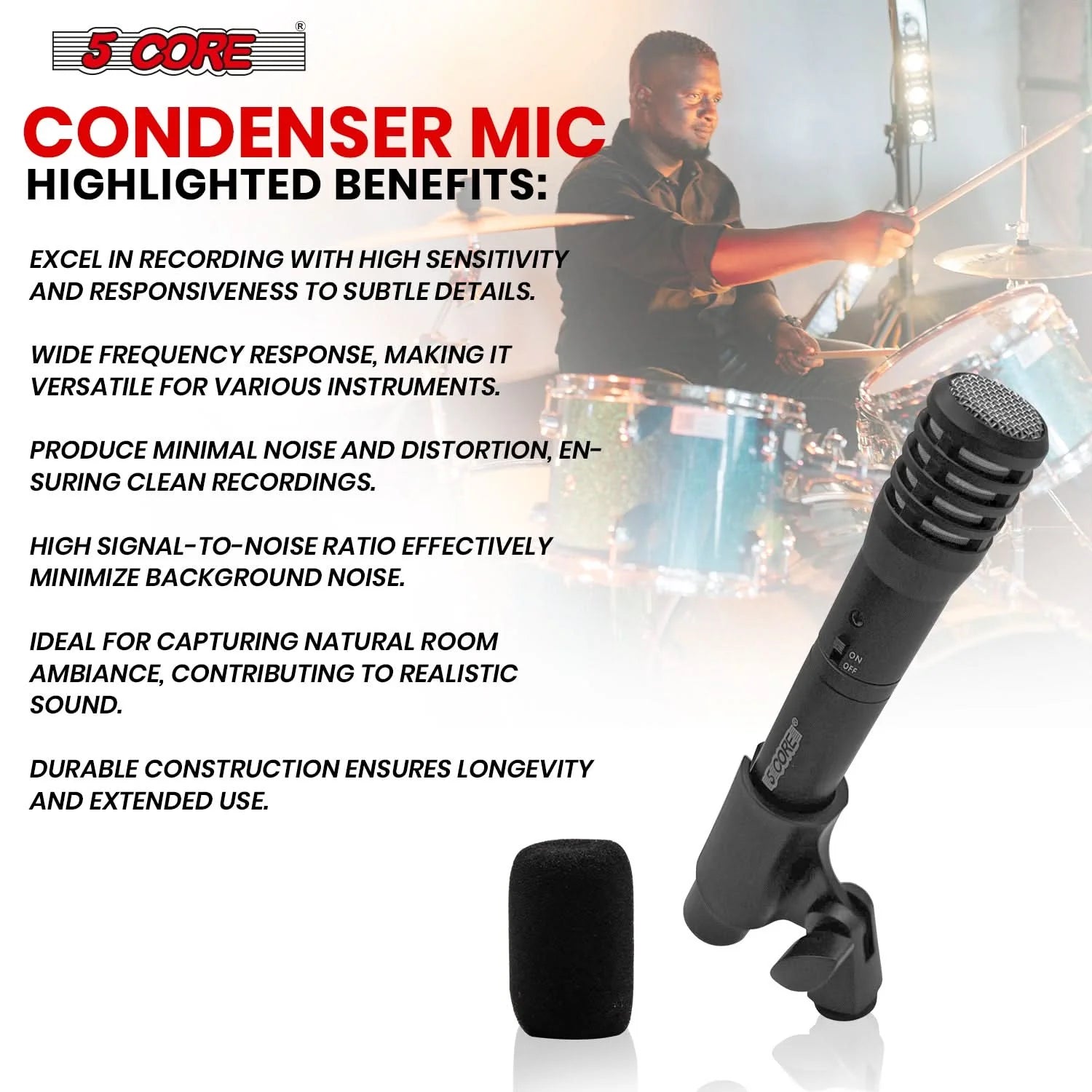 5Core Instrument Microphone Professional XLR Cardioid Pencil Stick Condenser Mic Black