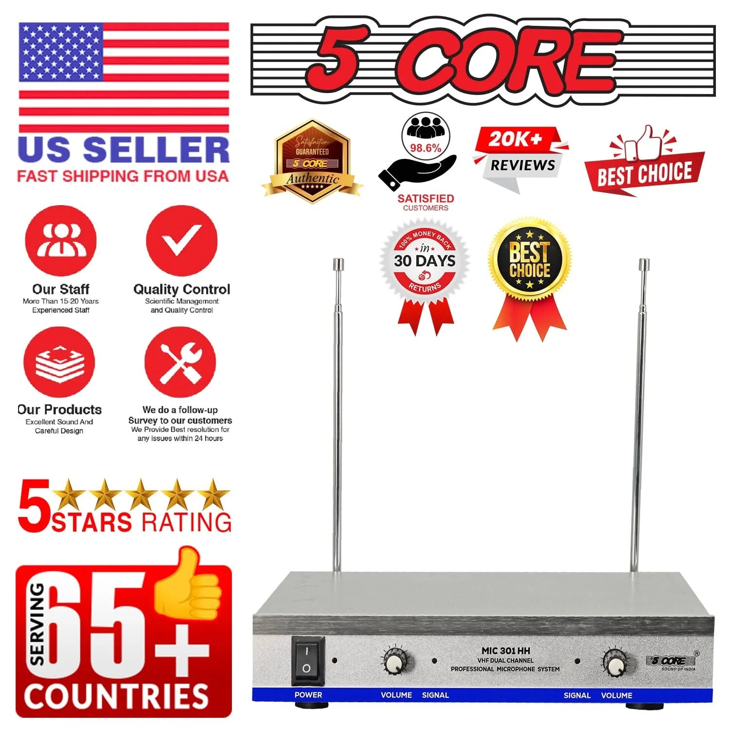 5Core Wireless Microphones W 2 Headset Portable Mini Microfono Inalambricos + Receiver 165Ft Range